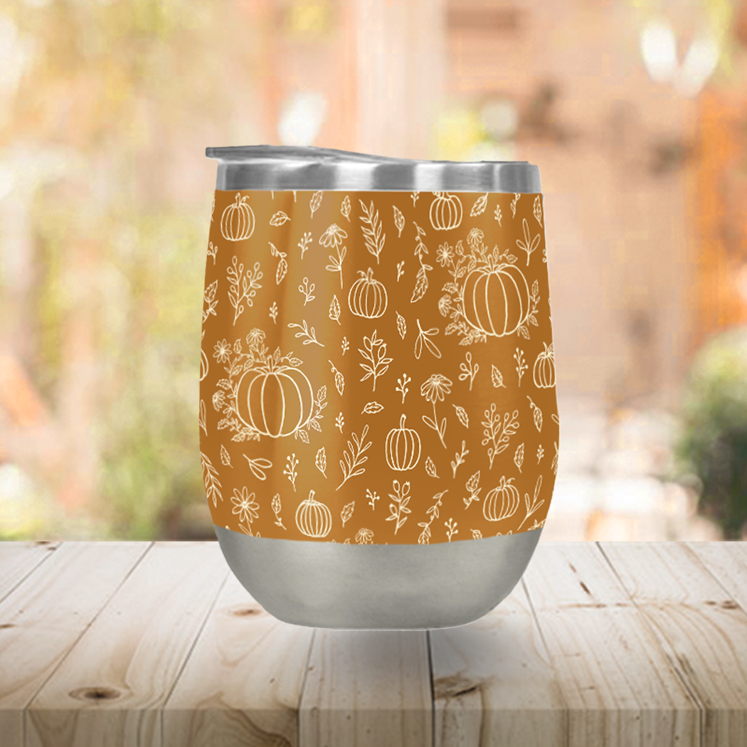 Bronze Floral Ink Pumpkin Stemless Wine Tumbler