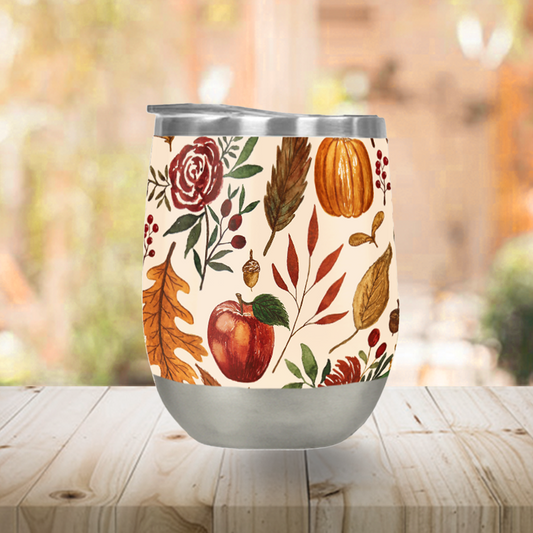Watercolor Floral Pumpkin, Leaves, & Berries Stemless Wine Tumbler